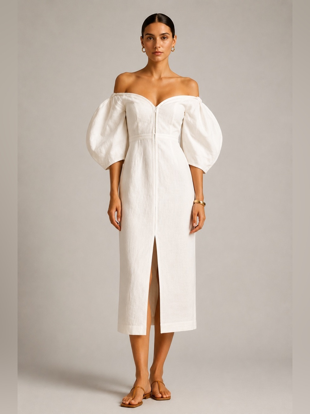 Mara Hoffman Leonara midi dress ivory, structured sleeves front slit. Size 0.